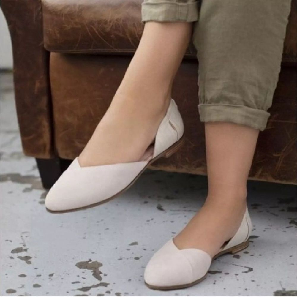 TOMS Julie Mixed Material Taupe Suede & Crosshatch Linen D’Orsay Flat-8.5